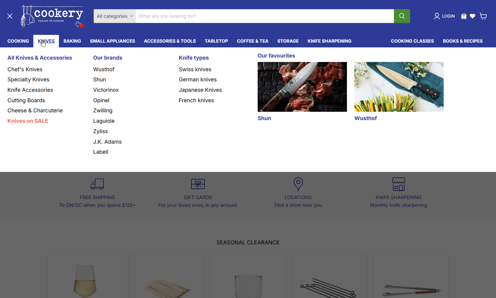 Cookery Store mega menu for Knives with brand and feature placements