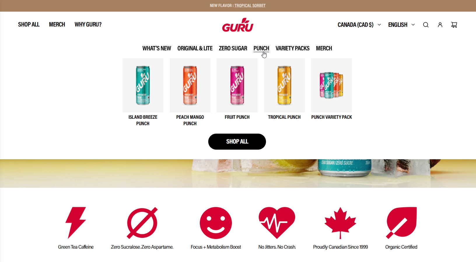 Guru Energy Punch mega menu with product category navigation