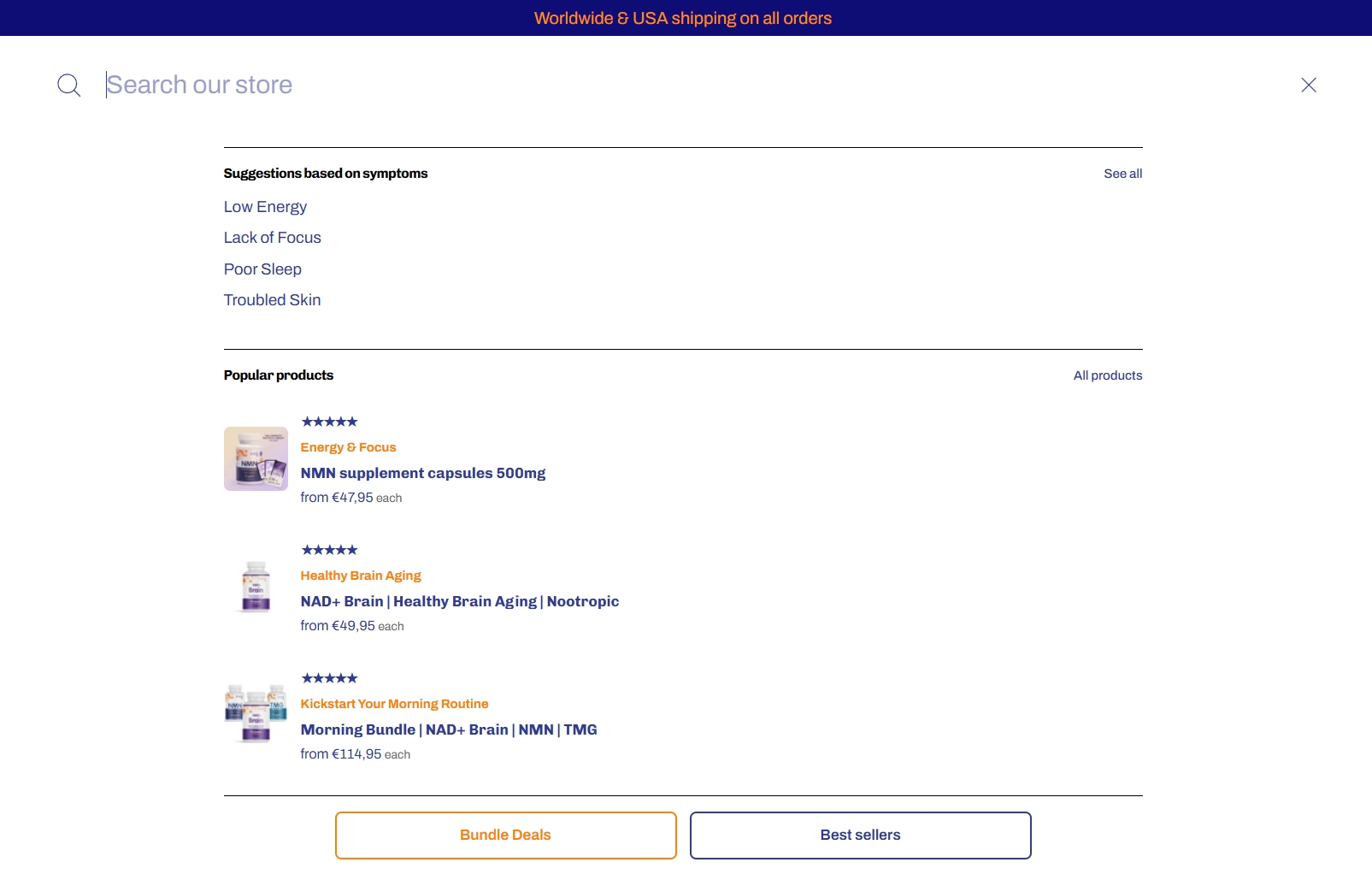 NMN BIO search with symptom-based suggestions and popular products