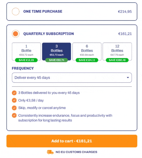 NMN BIO Loop subscription widget with one-time vs quarterly options and bottle tiers