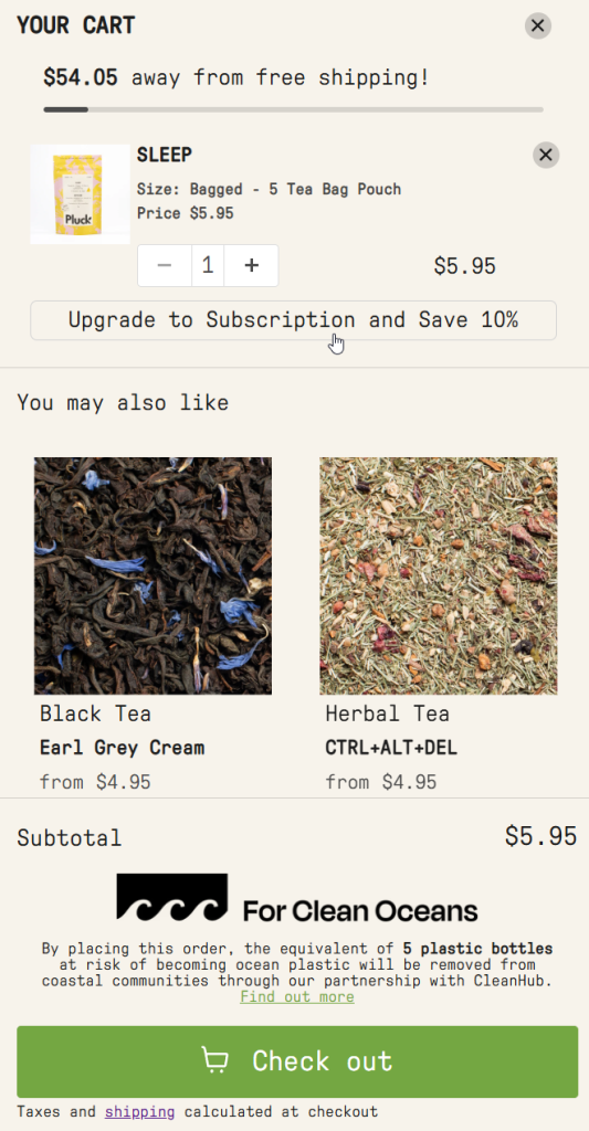 Pluck Tea side cart with free shipping tier and upsells