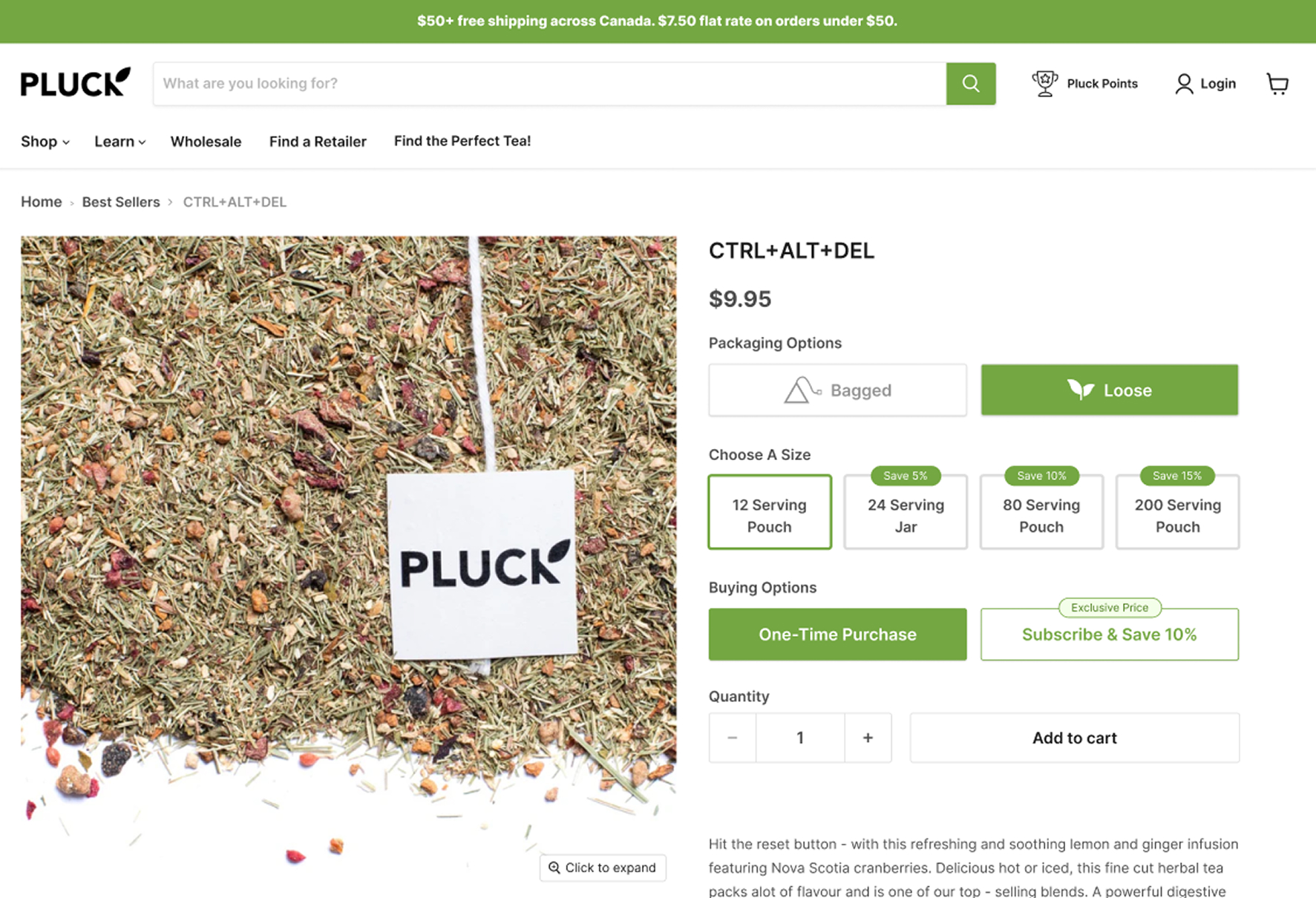 After. Pluck Tea product page with streamlined options