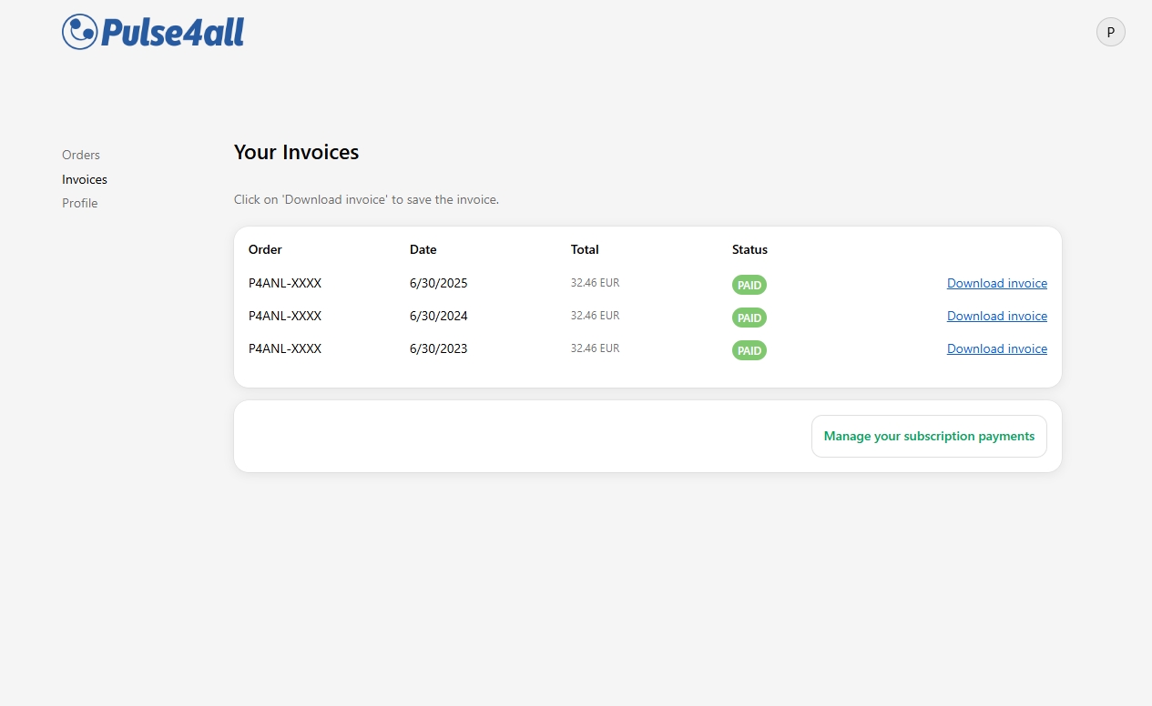 Pulse4All customer account invoices with Sufio PDF downloads