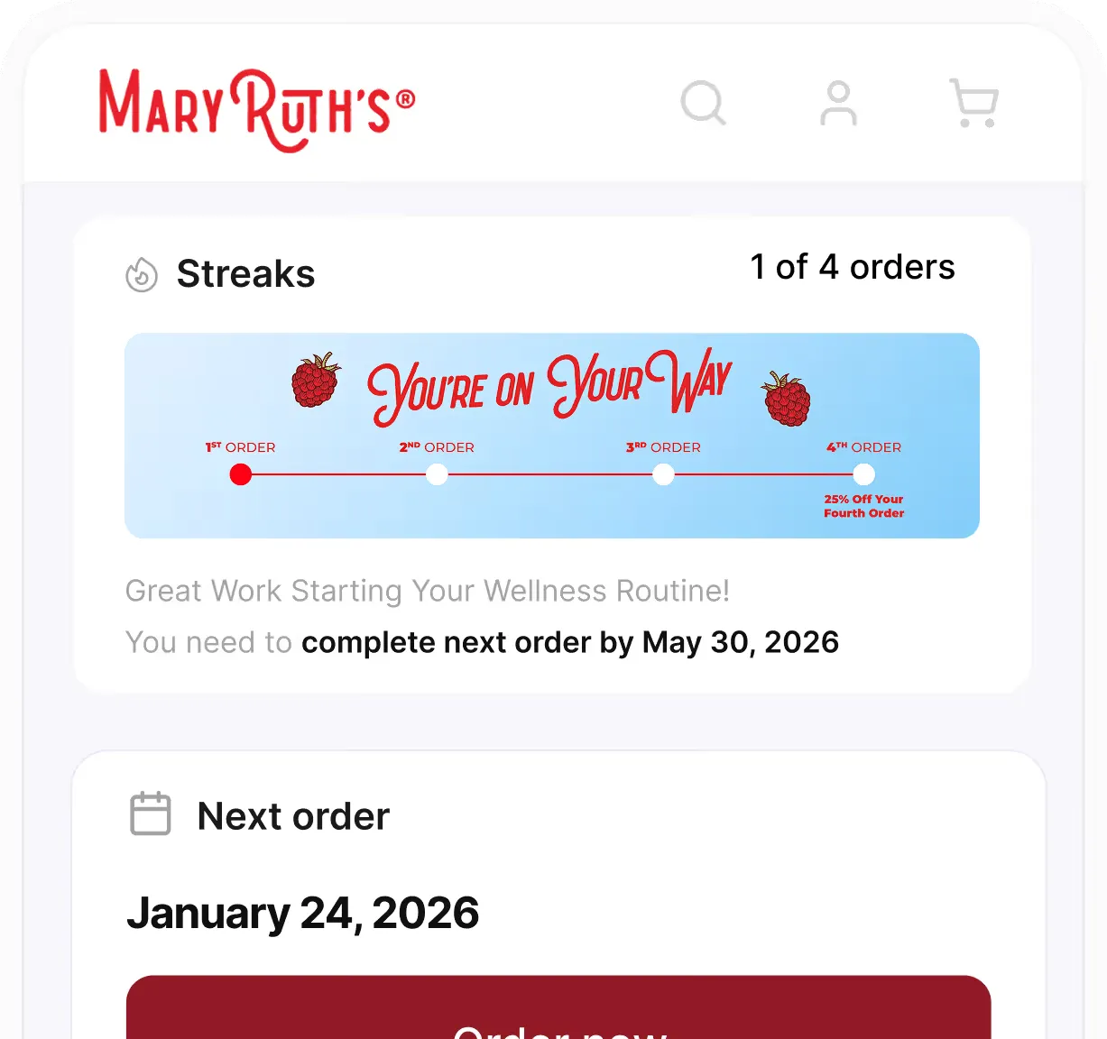 Loop subscriber portal with order streak progress and the next order date