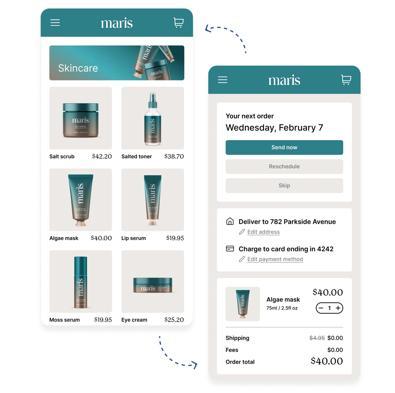 Custom subscriber portal on mobile — next order, skip, reschedule, and manage subscription