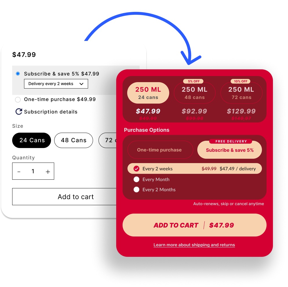 Recharge subscription setup and front-end optimization interface