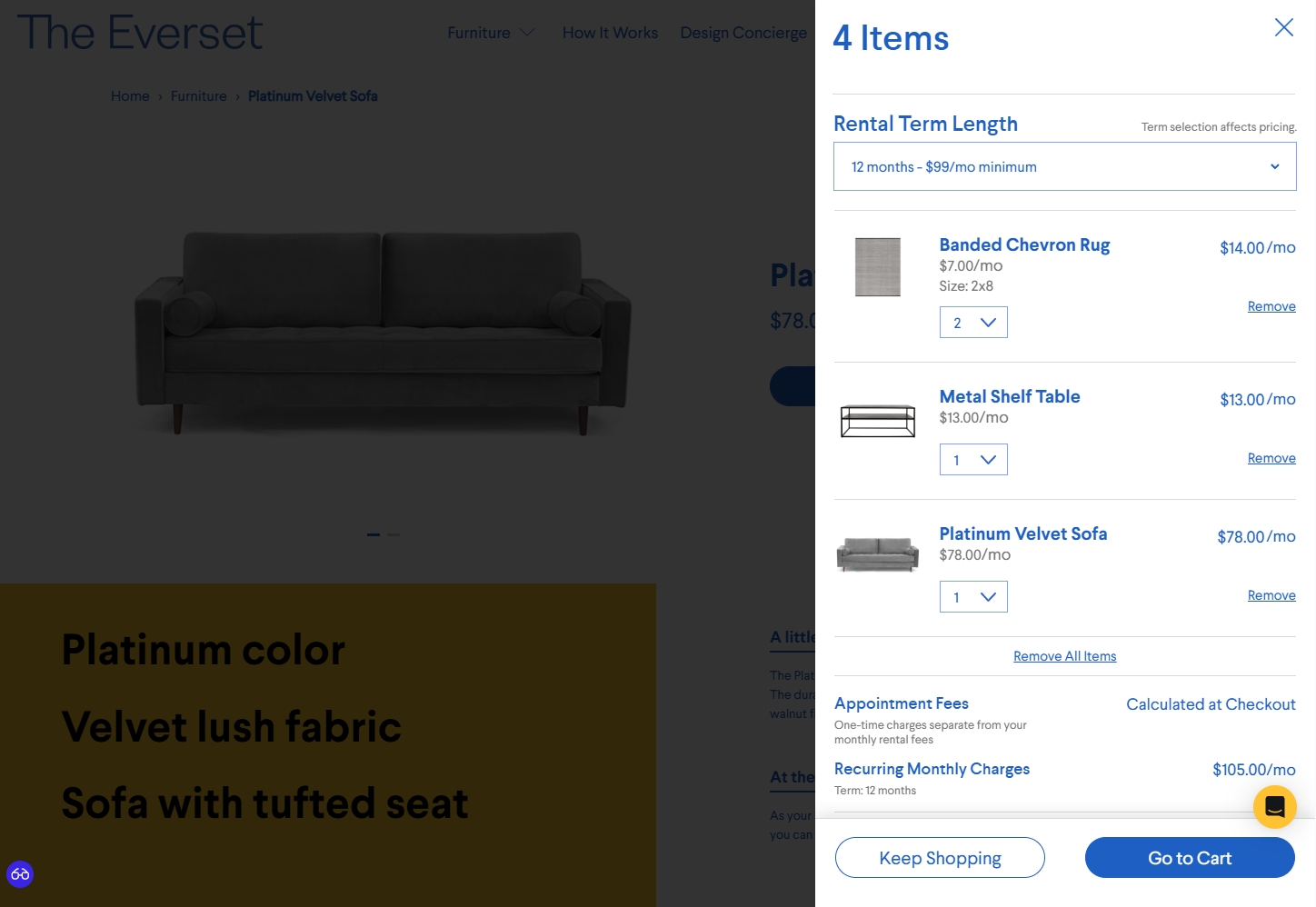 Everset rental cart with term-based pricing