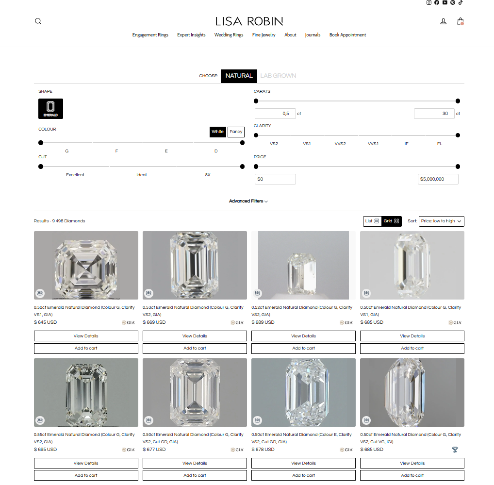 Lisa Robin Nivoda diamond catalog with filters