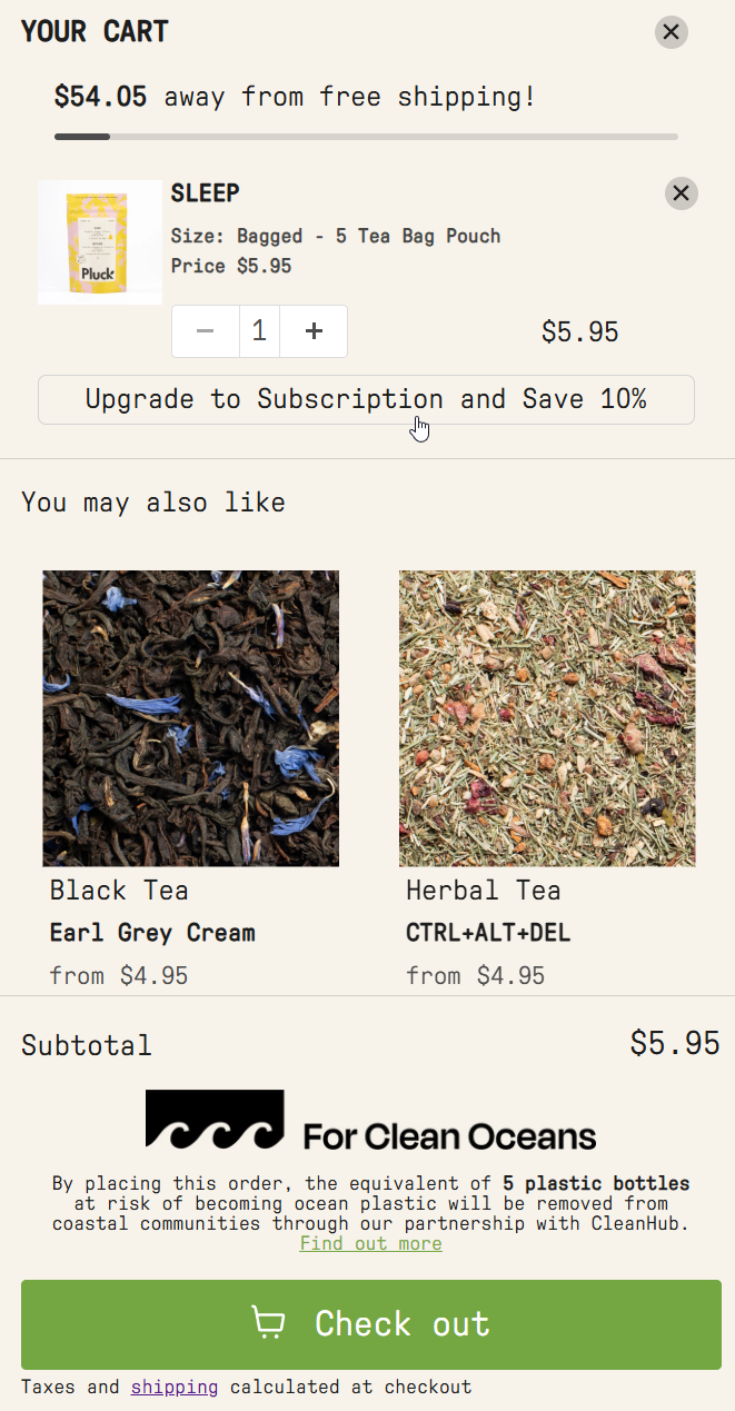 Pluck Tea cart subscription upgrade and save offer